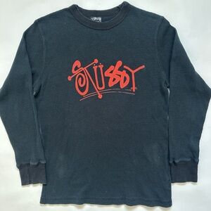 Vintage Stussy y2k spellout script crown waffle knit thermal long sleeve